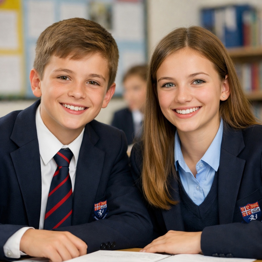 Boy and Girl in classroom looking to camera