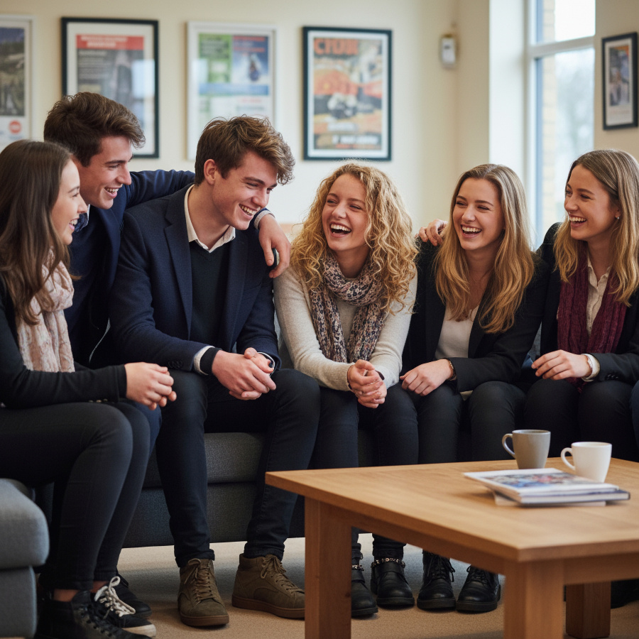 image of sixth form boys and girls close up in a common room looking happy and enjoying each others company. All dressed in smart casual with photographic realism